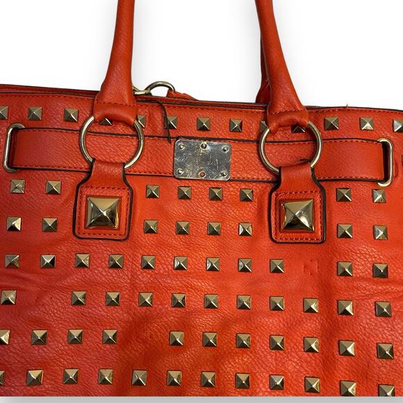 Convertible Top Handle Shoulder Bag Women's Red Gold Studded Faux Leather Tote - Picture 10 of 14